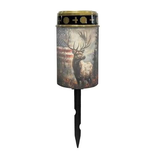 Image of Poceacles Deer American Flag Forest Outdoor Lights Solar Powered Flameless Candle Cemetery Votive Candles Waterproof Outdoor Memorial Candle Solar Stake Lights Home Outdoor Decoration