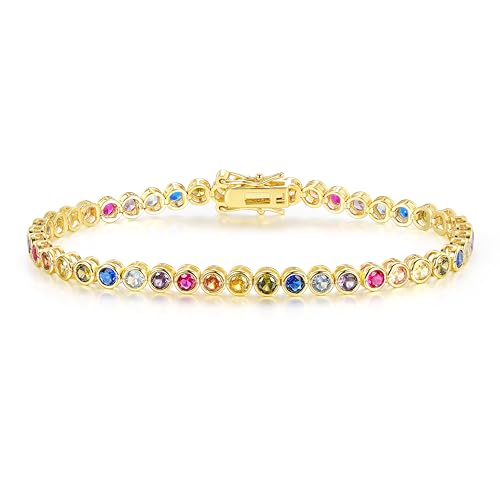 Gemsme 3.0mm Colorful Tennis Link Bracelet, 18K White/Yellow Gold Plated Bezel-Set 3MM Cubic Zirconia Rainbow Tennis Bracelet for Women 6-8.5 Inches