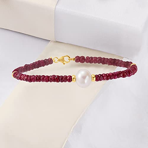 Ross-Simons 9-10mm Cultured Pearl and 22.00 ct. t.w. Ruby Bead Bracelet With 14kt Yellow Gold3