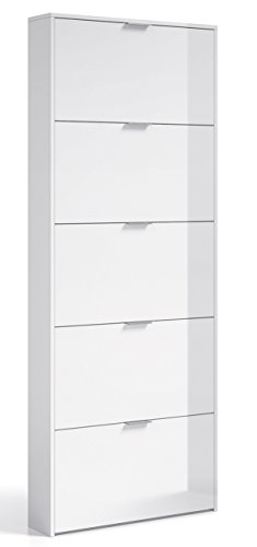 JUANIO Mueble Zapatero con 5 Puertas Abatibles en Madera con Acabado en Color Blanco Brillo - Dim: 70 x 17 x 180 centímetros
