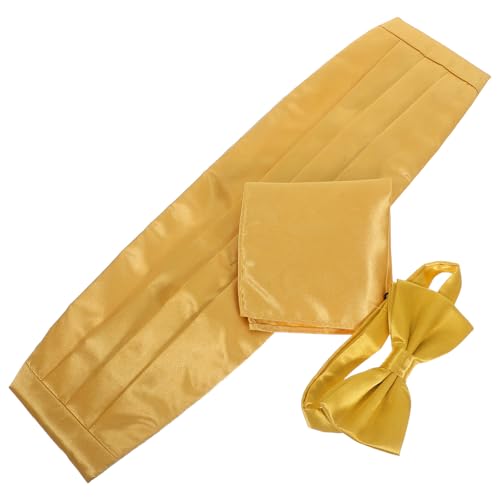 Set corbata de moño, fajín y pañuelo dorado para hombre miniatura 1