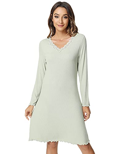 Nachila Women's Nightgowns Long Sleeve Soft Sleep Shirt V Neck Bamboo Viscose Sleepwear Fog Green M #TOP1