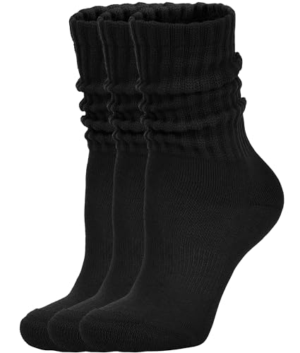 AugRing Womens Scrunch Crew Socks Retro 3-Pack Solid Cotton Boot Calf Socks Chunky Ribbed Cozy Slouchy Socks Size 5-11 (US Alpha One Size Regular Regular 3 Pack Black)
