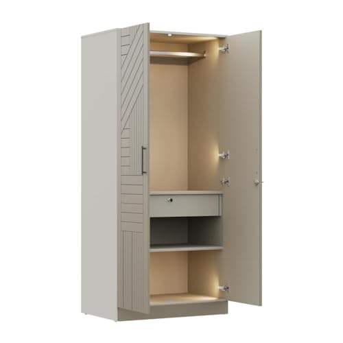 Image of Wakefit Wardrobe for Bedroom | 3 Yr Warranty | Cupboard for Bedroom, Almirah, Wooden Wardrobe, Comes with LED light, Multi-Shelves, Drawer & Hanger, Density:680-750 kg /m, Free Installation(Tyrian-CB)