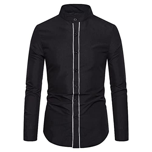 Men's Fashion Solid Color Patched Long-Sleeved Shirt Regular Fit Collarless Shirt Casual Classic Dress Shirt