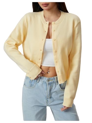 COZYEASE Womens Cropped Button Down Lightweight Cardigan Sweater Knit Y2k Fall Outfits Fashion Clothes 2025 Deep Yellow Small