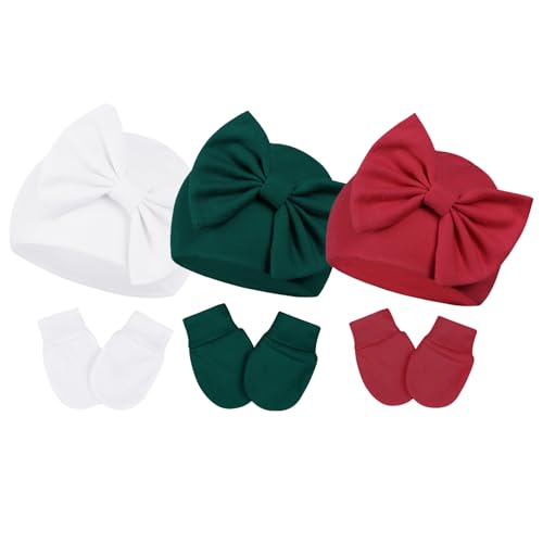 Century Star Newborn Girls Hats Baby Hat and Mitten Set Big Bow Knit Infant Headbands Winter Baby Hat for Girls E White & Red & Green 3-6 Months