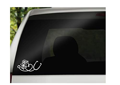 Image of Heart Stethoscope Flower Vinyl Decal | White | Made in USA by Foxtail Decals | for Car Windows, Tablets, Laptops, Water Bottles, etc. | 5.5 x 2.7 inch