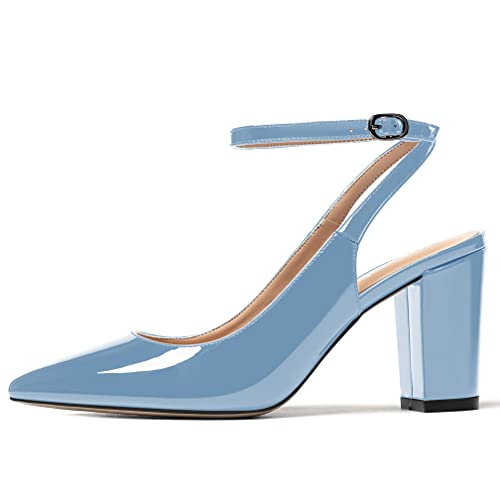 WAYDERNS Women's Slingback Patent Ankle Strap Pointed Toe Block High Heel Pumps Shoes 3 Inch2