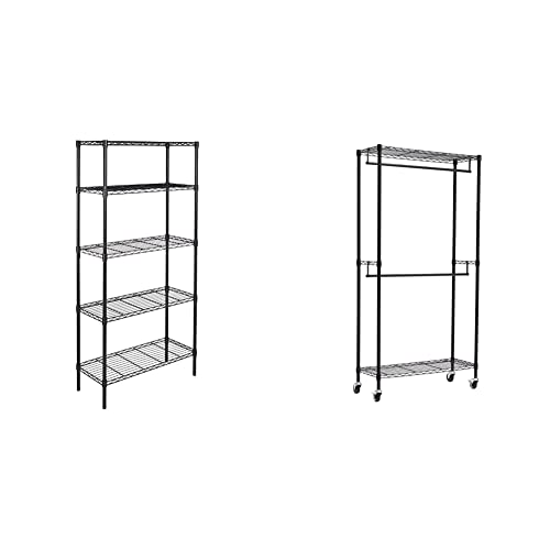 Amazon Basics Portant à double tringle avec roulettes Noir & Étagère 5 niveaux Noir