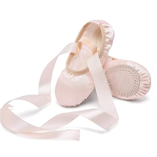MSMAX Ballet Slippers Satin Dancing Yoga Flats with Ribbon for Girls Skin 13.5 M US Little Kid