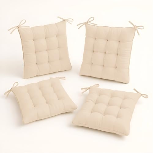 Déco Arts Coussin de Chaise - Lot de 4 Coussins Carrés avec Attaches pour Chaises Intérieur ou Extérieur - Polyester 65% & Coton 35% - Galette Certifiée...