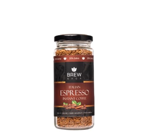 BREWSAGA Espresso Instant Coffee | Premium Freeze-Dried Arabica Blend | Bold & Intense Flavor with Rich Crema | 2 x 50g Jars | 100% Pure Coffee, No Added Sugar | Cafe-Style Strong Coffee at Home