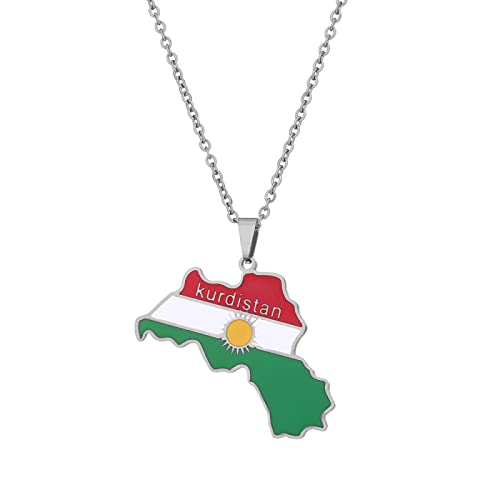 CECECOLE Panzer Kurdistan Karte Flagge Anhänger Halskette Schmuck Charm Tropfen Glasur Pullover Kette Silber 45Cm
