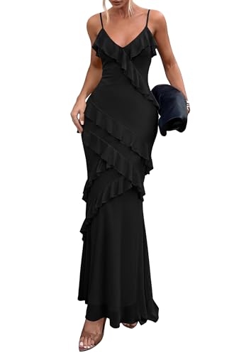 PRETTYGARDEN Women 2026 Wedding Guest Cocktail Maxi Dress Spaghetti Strap Sleeveless V Neck Bodycon Mesh Party Summer Outfits (Black,Large)
