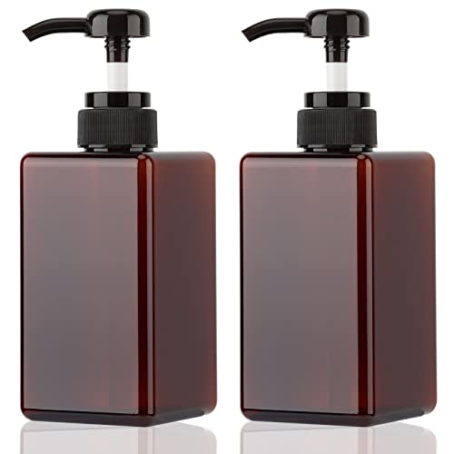 Jansburg 450ml Pump Bottle Dispenser 2Pack Refillable Square Plastic Lotion Dispenser Empty Lotion Pump Bottle for Essential Oil Soap Lotion Shampoo Bathroom/Kitchen/Travel Amber