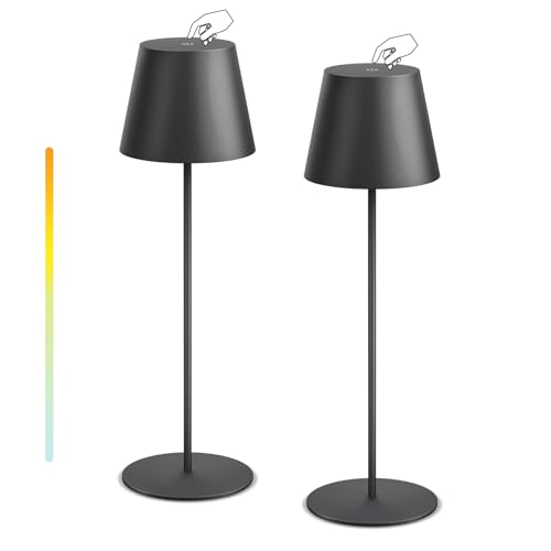 NiceBuy 2er Set LED Tischlampe Kabellos Akku Nachttischlampe USB-C-aufladbar Dimmbar Touch Outdoor Wetterfest für Restaurant Camping Bar Terrassen(Schwarz)