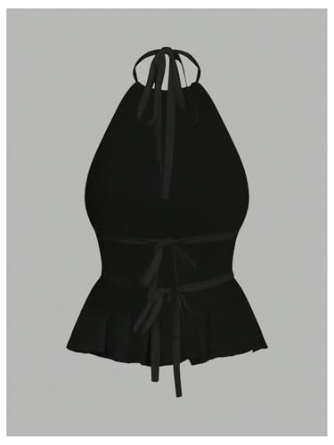 SHENHE Women's Sexy Backless Tie Back Halter Top Ruched Ruffle Hem Going Out Top 2 Pack4