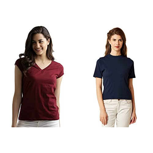 Image of Miss Chase Women's Maroon Super Soft V-Neck Short Sleeves Cotton Solid Regular Fit T-Shirt
