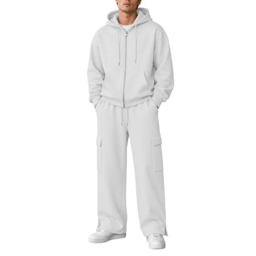 CSVBVSQ Jogger Sets,Men Sweatsuits Sets Zip Up & Pullover Sweatshirt And Cargo Sweatpants 2 Piece Track Suit Sweatsets Baggy Fall Winter Outfits(White,XX-Large)