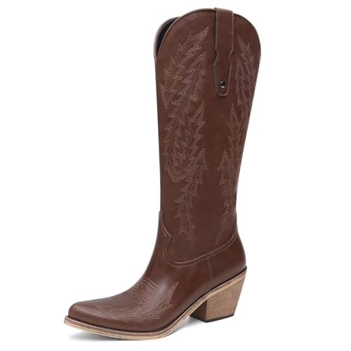 Women's Cowboy Boots Knee High Cowgirl Boots Embroidery Chunky Heel Pointed Toe Comfortable Pull-On Western Riding Tall Boots