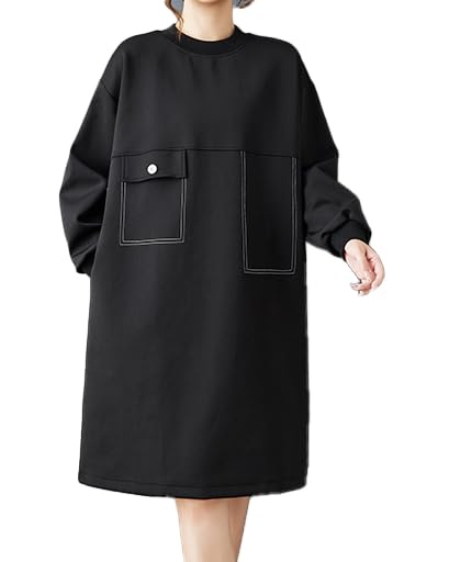 ellazhu Women's T-Shirt Dress Casual Crewneck Black Long Sleeve Oversize Flowy Hem Solid GZ617 A