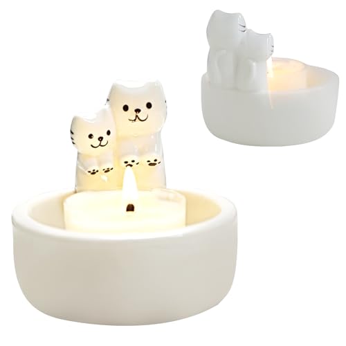 POHOVE Cat Candle Holder, Cartoon Kitten Tea Light Candlestick, Handmade Ceramic, for Cat Lovers (Couple Kitten) - Image 2
