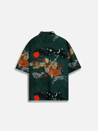 Image of SNITCH x BISMIL Men Casual Shirt | Relaxed Fit Half Sleeve Cuban Collar Artistic Printed Design | 100% Viscose & Breathable Fabric for Vacations & Everyday Wear