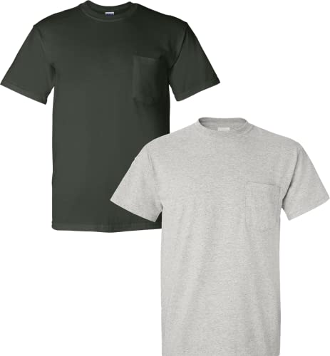 T-shirts Gildan DryBlend pour hommes avec poche, 2-pack, vert forêt/gris, petit