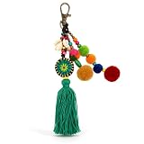 QTMY Pom Pom Shell Beads Tassel Bag Charm Pendant Boho Keyring Keychain for Women Purse Handbag Decor (Green)
