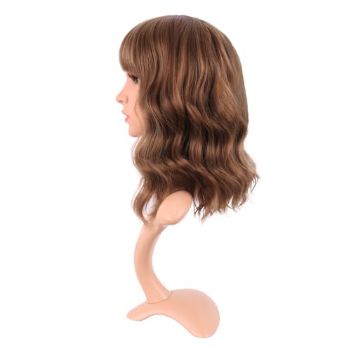 Image of MapofBeauty 14 Inch /35 cm Short Wavy Curly Women Fresh Bright Synthetic Ordinary Flat Bangs Bob Wig (Medium Brown)