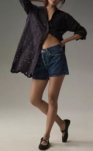 Image of CHARTOU Women Eyelet Lace Dress Button Down Shirt Loose Fit Summer Casual Mini Dress