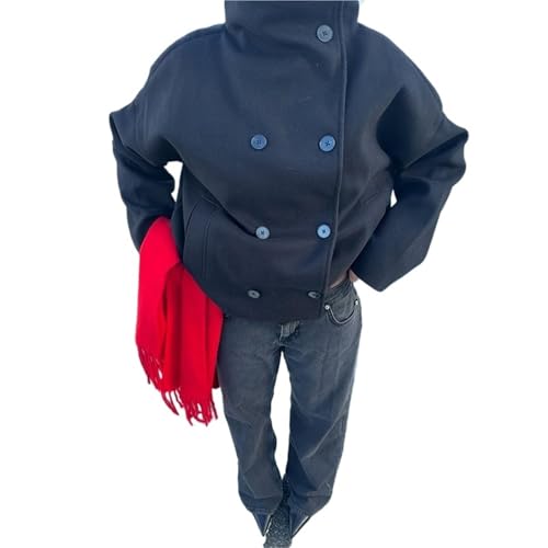 UJEDFHV Wollmantel Damen Mantel aus massiver Wollmischung mit hohem Kragen, zweireihig, übergroß, lässig, for Damen, elegant, Damenjacke(Dark blue,S)