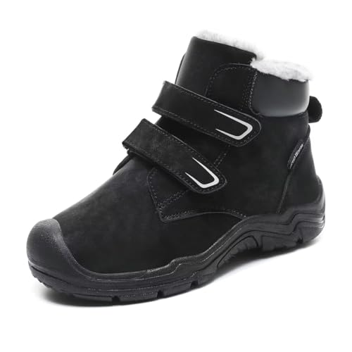 Zonkacen Kid's Water Resistant Leather Fashion Solid Warm Snow Boots for Winter Outdoor Walking Running School Camping Hiking Trekking Snow Sport Black Big Kid 3