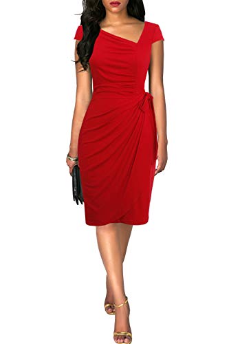 Image of Women's Vintage Cap Sleeves Asymmetrical Neckline Sheath Bodycon Casual Work Cocktail Party Pencil Faux Wrap Dresses