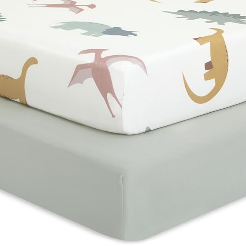 Evolur Rawrsome Light 2 Pack Crib Sheet, Fitted Crib Sheet for Standard Crib and Toddler Mattress, Soft and Breathable Crib Mattress Sheet
