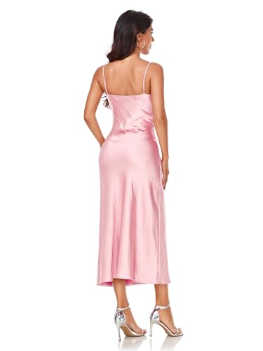 Image of Women's Spaghetti Strap Midi Satin Silk Dresses Slip Cowl Neck Party Cocktail Evening Sexy Dress