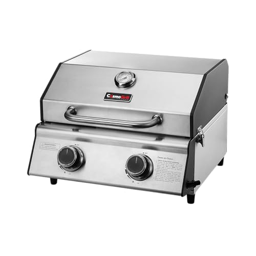 CosmoGrill Compact Gas Stainless Steel 2 Burner Barbecue Built-in Temperature Gauge for Patio Terrace Camping Home Garden Party Outdoor BBQ Table Top Cooking