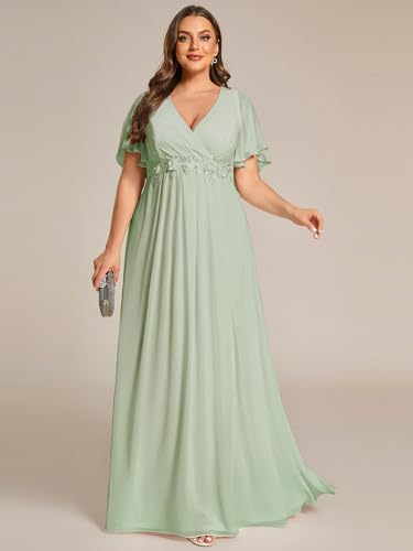Image of Ever-Pretty Short Sleeves V Neck Plus Size Formal Dresses for Curvy Women Chiffon Mother of The Bride Dress Evening Gowns