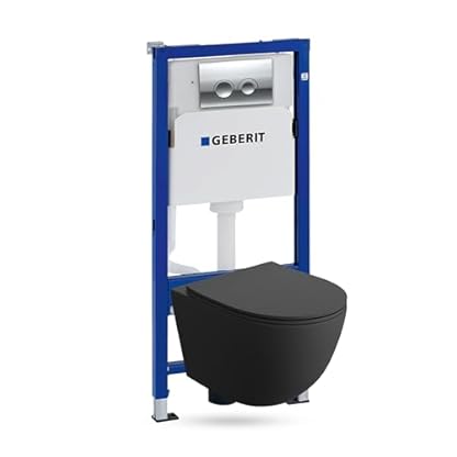 GEBERIT Duofix Basic Vorwandelement + Wand Tiefspül WC Sinto Schwarz Spülrandlos + WC Sitz + Bedienplatte Delta 25 Verchromt Knopf Komplettset Unterputz Spülkasten Toilette Komplett Sett WC