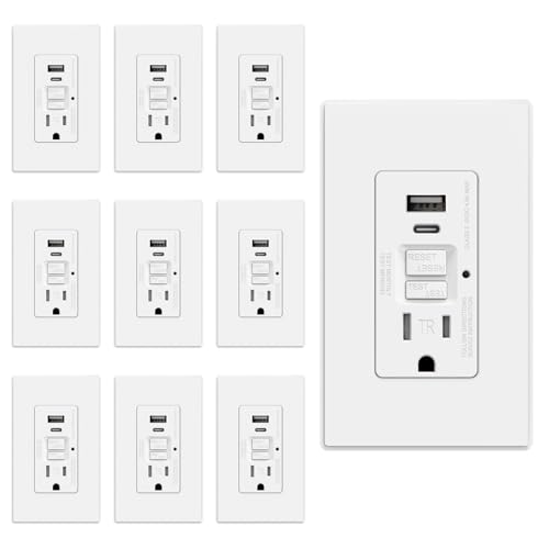 ELEGRP GFCI Outlet with USB Ports, 15 Amp Self-Test GFCI Combination with USB Ports, 24W Max Total Output, Tamper Resistant GFCI USB Outlet with Wall Plate, UL Listed, Matte White, 10 Pack