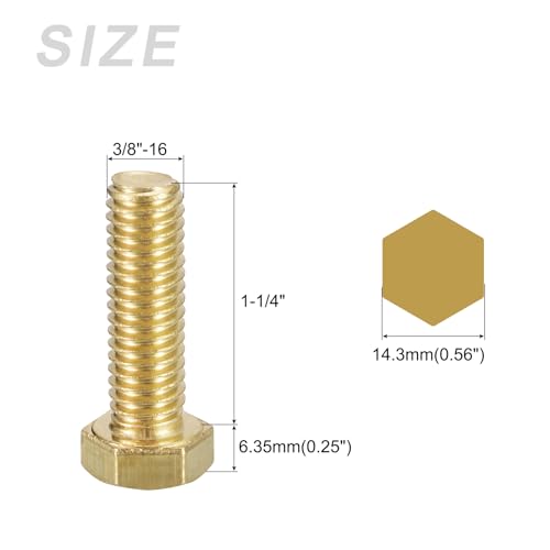 Image of METALLIXITY Hex Head Screw Bolt (3 /8-16x1-1 /4) 2Pcs, Brass Fully Threaded Solid Brass Hex Bolts Machine Screws - for Machinery Repair