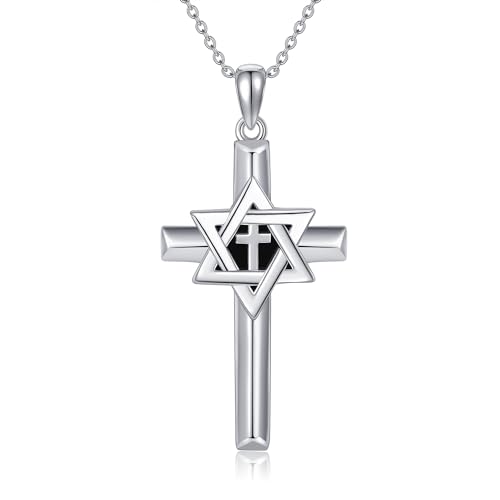 YFN Jewish Star of David Necklace Sterling Silver Cross Star of David Pendant Necklace Judeo Christian Religious Jewelry for Women Men