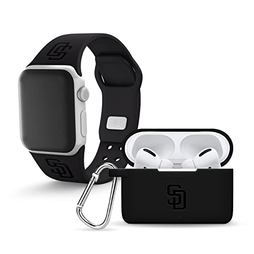 Game Time San Diego Padres Engraved Silicone Combo Package Compatible with Apple Watch and Airpods Pro Battery Case (42/44mm Black/Black)