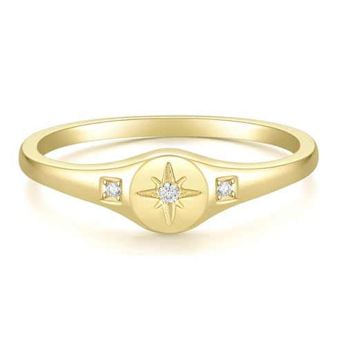 Titaniumcentral Anillo de sello para hombre y mujer, chapado en oro de 14 K, estrella del norte, circonita, anillo de compromiso (53 (16,9)), Metal no precioso, Zirconia cúbica