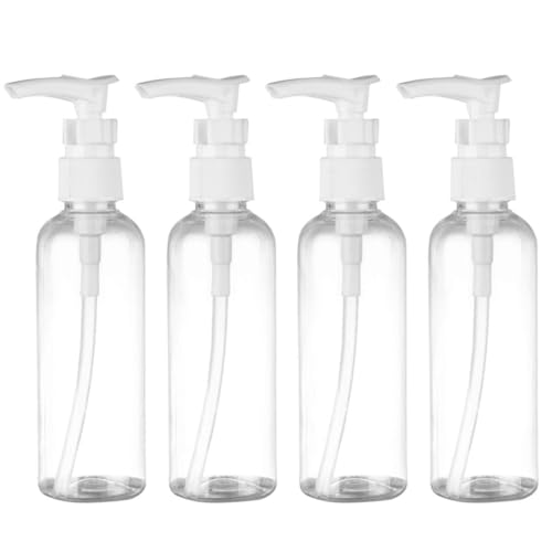 Paquete de 4 Botellas con Bomba Transparente de 60 ml - Botellas de Viaje, Botella de plástico con Bomba, dispensador de loción - para cosméticos, champú y loción