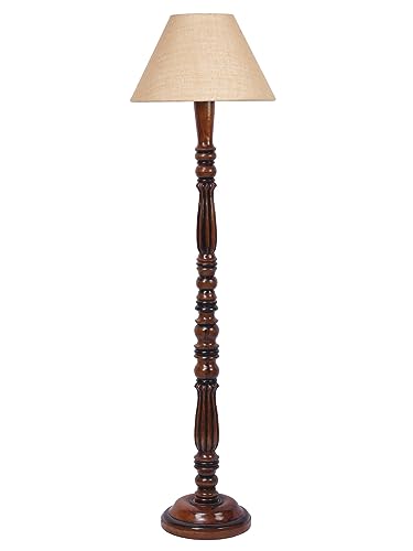 Image of Beige Jute Shade Wooden Floor Lamp with Wooden Base, Height - 53 Inches | Contemporary Standing Lamp for Living Room, Bedroom & Office | Elegant Lighting for Stylish Home Interiors