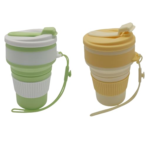 XINYIDAO 2 Piece Silicone Folding Mugs with Plastic Lids for On-the-Go Travelling, Reusable Portable Mug Set for Camping and Hiking (Yellow and Green)