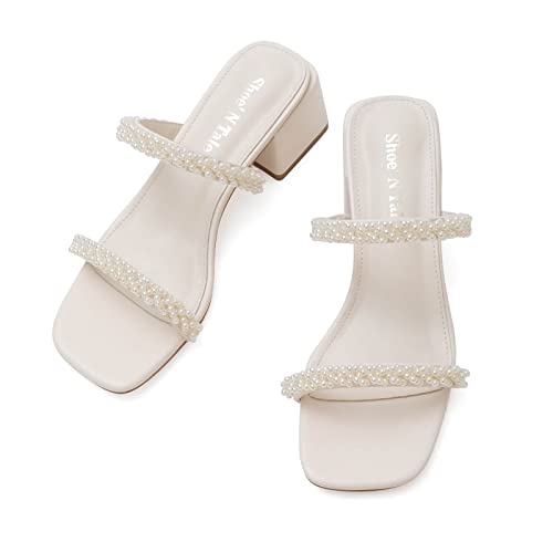 Shoe'N Tale Pearl Heels for Women Block Low Heel Heeled Sandals Square Toe Slip On Slide Mules3