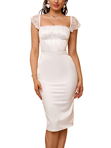 EYNMIN Women's Lace Strap Bodycon Satin Midi Dress Square Neck Backless Elegant Formal Party Dresses